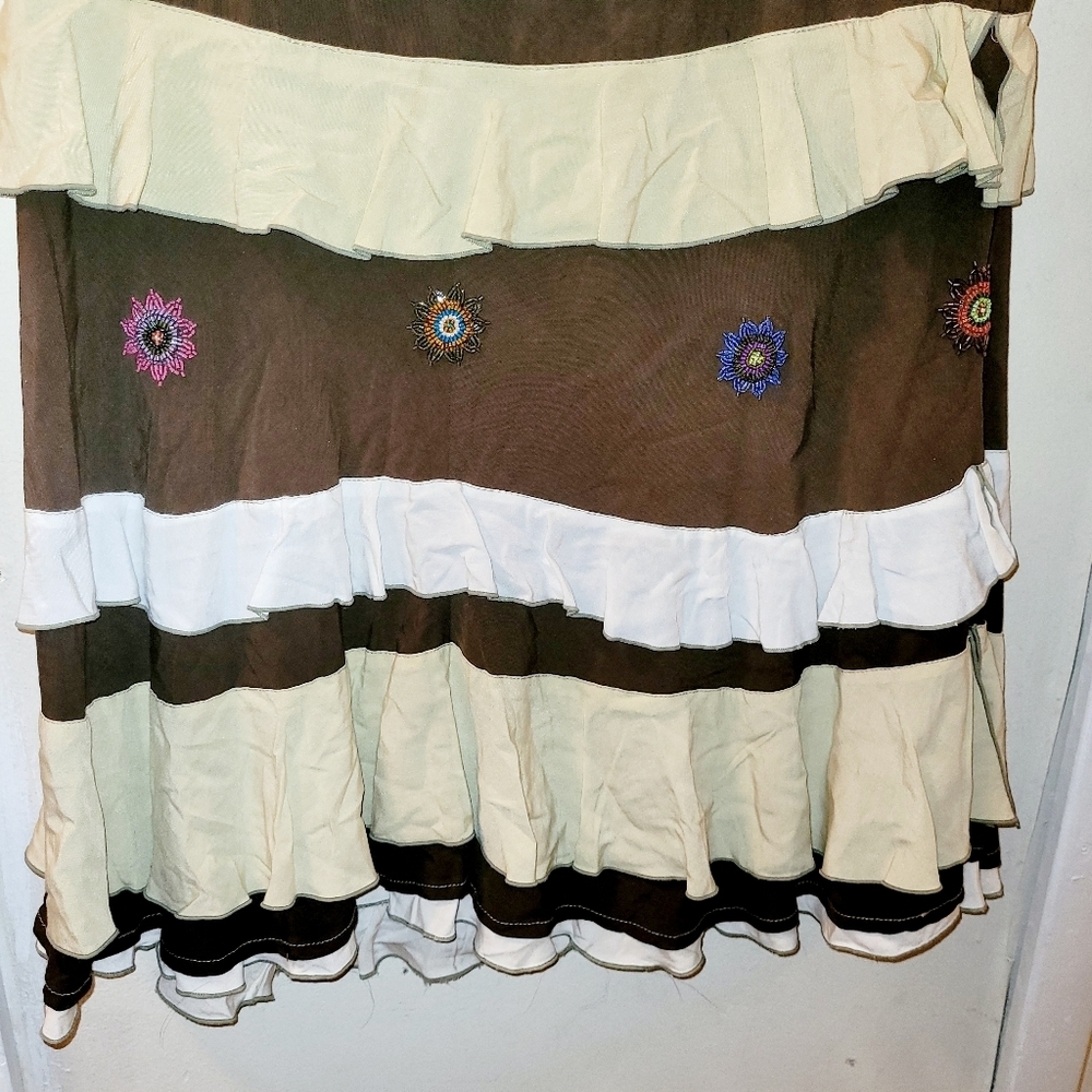 Cordelia Tiered Boho Flower Beaded Brown And Tan Maxi Skirt Size S Cottage core - Picture 7 of 8
